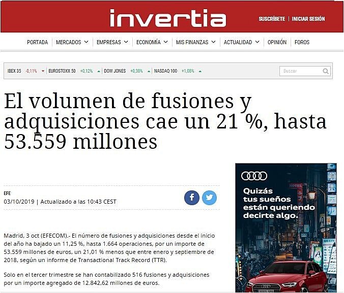 El volumen de fusiones y adquisiciones cae un 21 %, hasta 53.559 millones